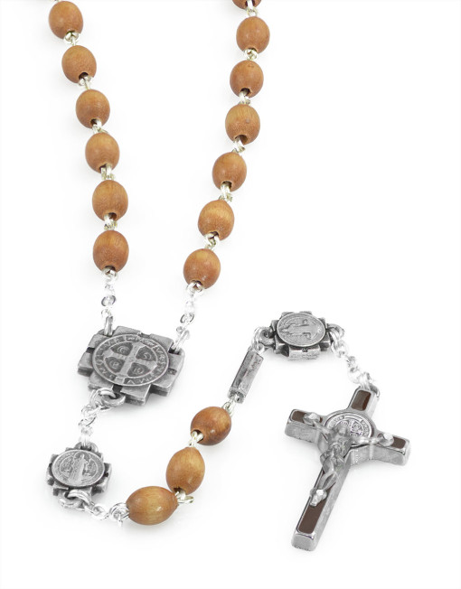 St. Benedict Silver Plated Rosary with Wooden Beads
